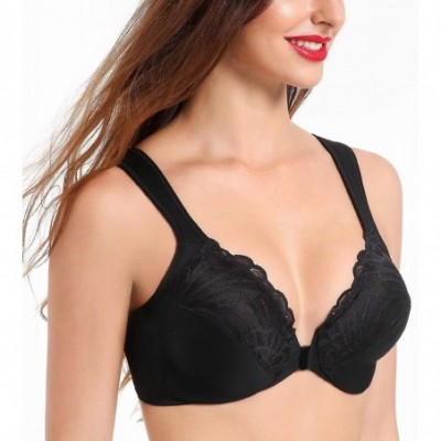 Bras Front Closure Bras for Women Plus Size Underwire Unlined Lace Cup Cushion Strap - Black - C8198CI3DG0