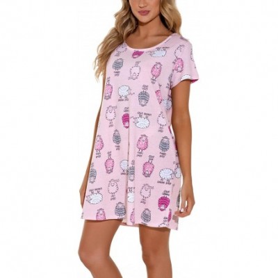 Nightgowns & Sleepshirts Women's Cotton Nightgowns Soft Short Sleeve Cute Nightdress Printed Sleepshirts - Pink - C019DO04N6Z