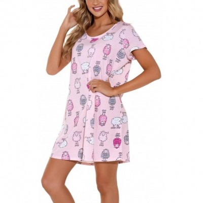 Nightgowns & Sleepshirts Women's Cotton Nightgowns Soft Short Sleeve Cute Nightdress Printed Sleepshirts - Pink - C019DO04N6Z