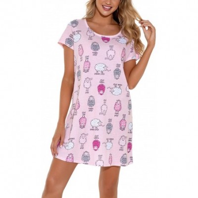 Nightgowns & Sleepshirts Women's Cotton Nightgowns Soft Short Sleeve Cute Nightdress Printed Sleepshirts - Pink - C019DO04N6Z