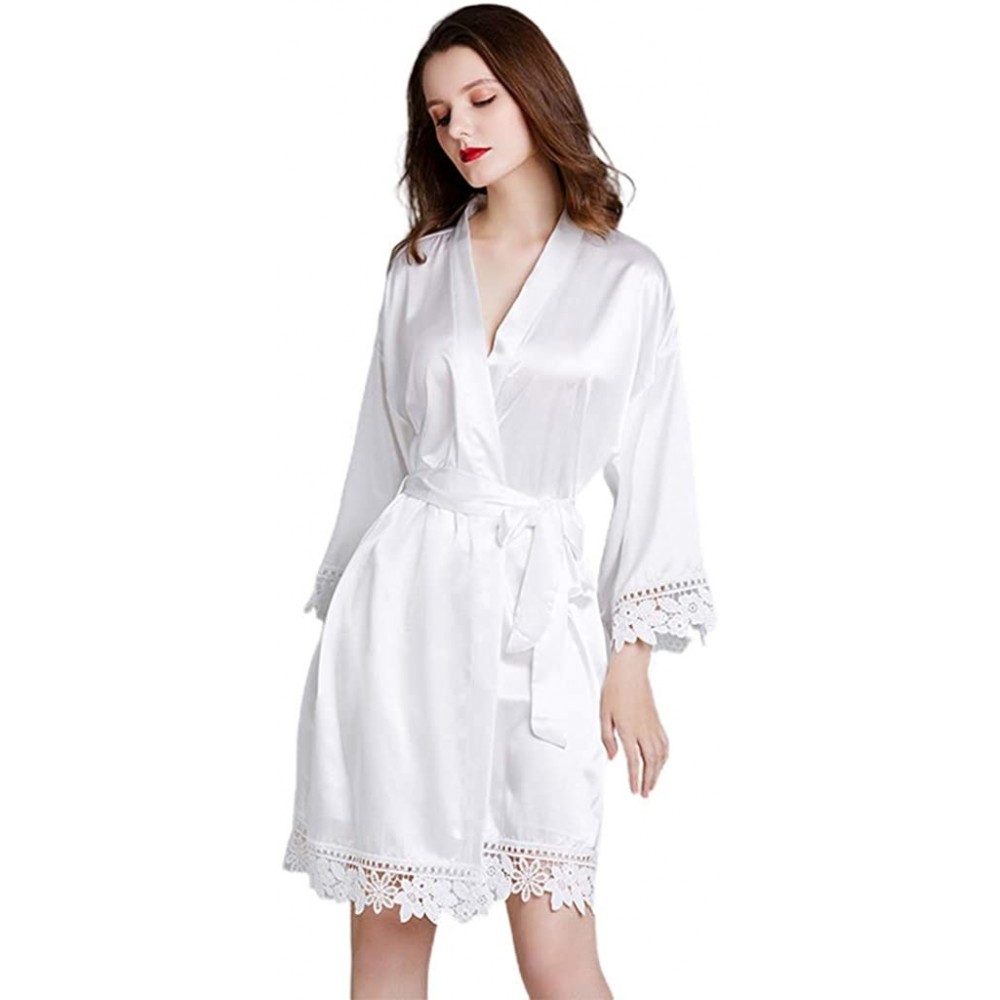 Robes Womens Satin Kimono Robe Embroidery Floral Lace Trim Nightgown V-Neck Bathrobe - White - CO19850MEZZ