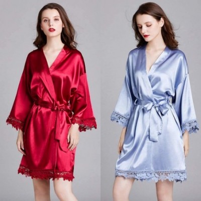 Robes Womens Satin Kimono Robe Embroidery Floral Lace Trim Nightgown V-Neck Bathrobe - White - CO19850MEZZ