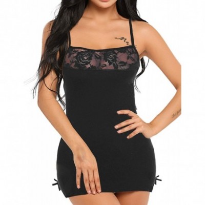 Baby Dolls & Chemises Women's Chemises Lingerie Mini Babydoll Sleepwear Strappy Lace Nightwear Dress - Black - C518H6AQO04