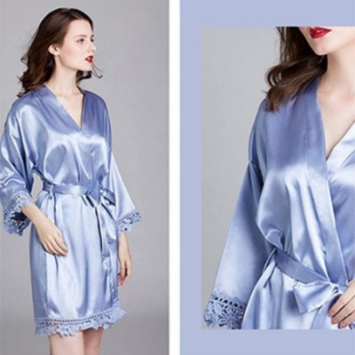 Robes Womens Satin Kimono Robe Embroidery Floral Lace Trim Nightgown V-Neck Bathrobe - White - CO19850MEZZ