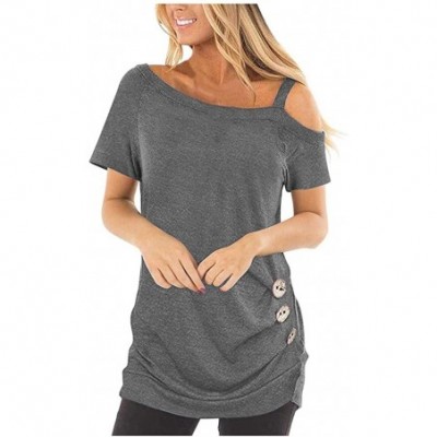 Thermal Underwear Fashion Womens Top S-3XL Casual Cold Shoulder Short Sleeve Button Summer Blouse - Gray - CB199IGMUQ4