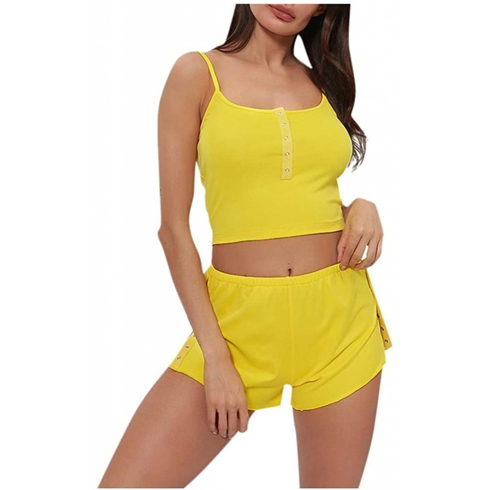 Sets Satin Pajamas for Women Shorts Set Sleepwear Nightwear Tops and Shorts - Yellow - CC1989RXS3A