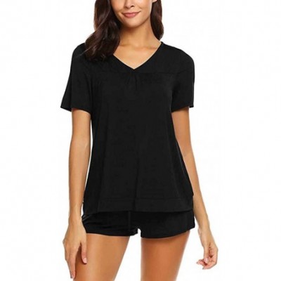 Sets Solid Short Sleeve V- Neck Shorts Sleepwear Two Piece Pajama Set - Black - CK18TOGMGHQ