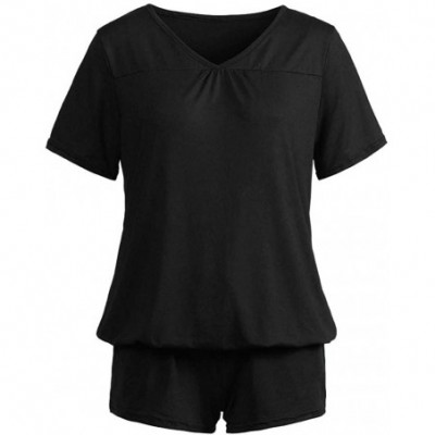 Sets Solid Short Sleeve V- Neck Shorts Sleepwear Two Piece Pajama Set - Black - CK18TOGMGHQ