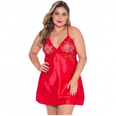 Garters & Garter Belts Women Lace Satin Plus Size Lingerie Floral V Neck Sleepwear Lace Chemise Nightwear Sexy Babydoll - Red...