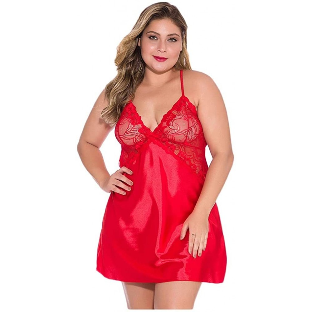 Garters & Garter Belts Women Lace Satin Plus Size Lingerie Floral V Neck Sleepwear Lace Chemise Nightwear Sexy Babydoll - Red...