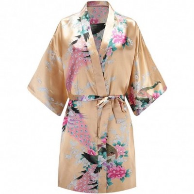 Robes Women Peacock Satin Short Bridal Kimono Robe Bridesmaid Sleepwear Wedding Dressing Gown - Champagne - C218DH856Q3