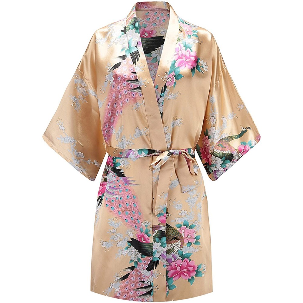 Robes Women Peacock Satin Short Bridal Kimono Robe Bridesmaid Sleepwear Wedding Dressing Gown - Champagne - C218DH856Q3