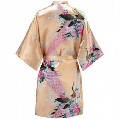 Robes Women Peacock Satin Short Bridal Kimono Robe Bridesmaid Sleepwear Wedding Dressing Gown - Champagne - C218DH856Q3