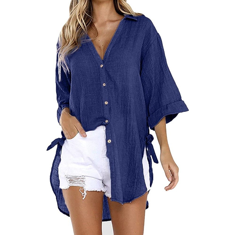 Thermal Underwear Women's Casual Button Dress Shirt Cotton Loose V-Neck Tunic Blouse Tops - Navy - CL196058MCX