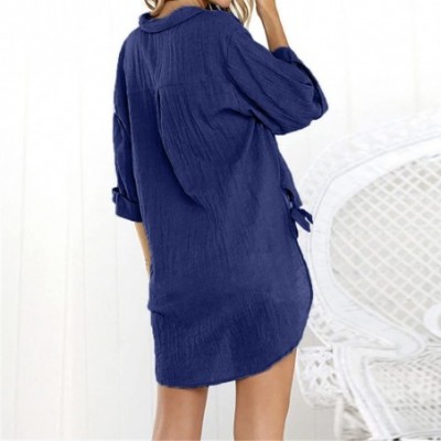 Thermal Underwear Women's Casual Button Dress Shirt Cotton Loose V-Neck Tunic Blouse Tops - Navy - CL196058MCX