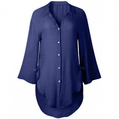 Thermal Underwear Women's Casual Button Dress Shirt Cotton Loose V-Neck Tunic Blouse Tops - Navy - CL196058MCX