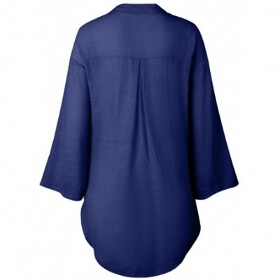 Thermal Underwear Women's Casual Button Dress Shirt Cotton Loose V-Neck Tunic Blouse Tops - Navy - CL196058MCX