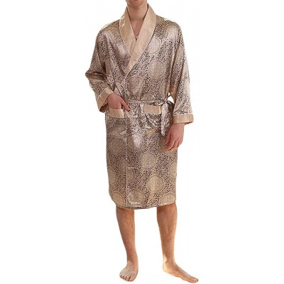 Robes Mens Satin Robe Lightweight Silk Spa Bathrobe with Shorts Nightgown Long Sleeve House Kimono Printed Bathrobe Set - Gol...