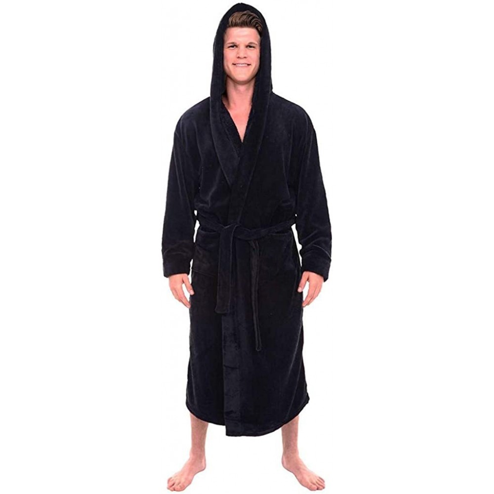 Robes Men's Bathrobe Bath Robe Plus Size Loungewear Winter Sleep Pajama Nightwear - Z-black - C218M6L3C69