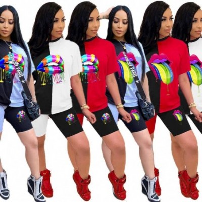 Sets Womens 2 Pieces Biker Shorts Set Letter Print Colorblock Short Sleeve Shirt Bodycon Shorts Activewear Outfits Black4 - C...