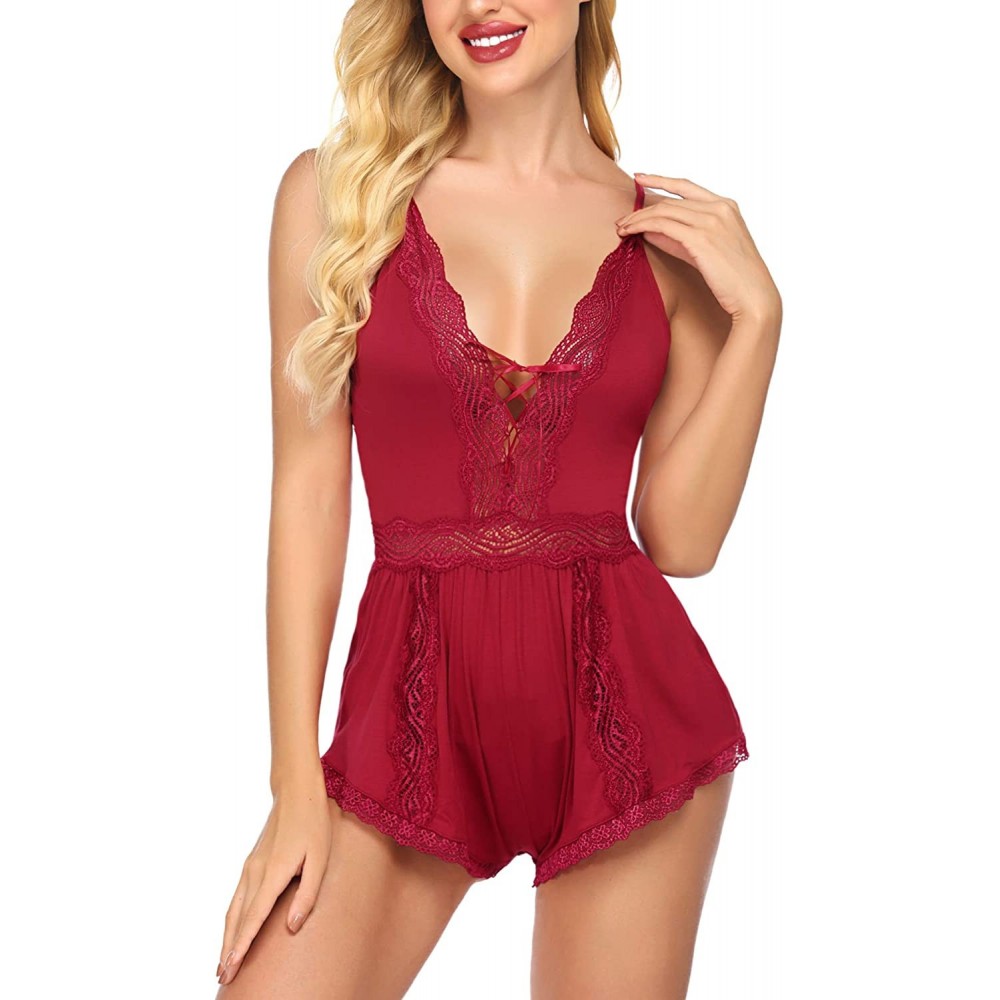 Baby Dolls & Chemises Lingerie for Women Deep V Teddy Bodysuit Lace Romper Lingerie Sexy Nightwear - 1 Wine Red - CX198DGYYAK