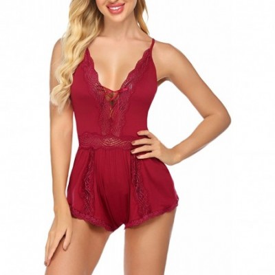 Baby Dolls & Chemises Lingerie for Women Deep V Teddy Bodysuit Lace Romper Lingerie Sexy Nightwear - 1 Wine Red - CX198DGYYAK