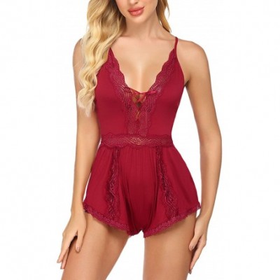 Baby Dolls & Chemises Lingerie for Women Deep V Teddy Bodysuit Lace Romper Lingerie Sexy Nightwear - 1 Wine Red - CX198DGYYAK