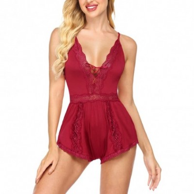 Baby Dolls & Chemises Lingerie for Women Deep V Teddy Bodysuit Lace Romper Lingerie Sexy Nightwear - 1 Wine Red - CX198DGYYAK