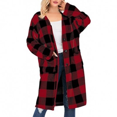 Thermal Underwear Women Fashion Plaid Cardigan Button Blouse Loose Long Sleeve Pocket Jacket - Red - CL18ZUK39GI