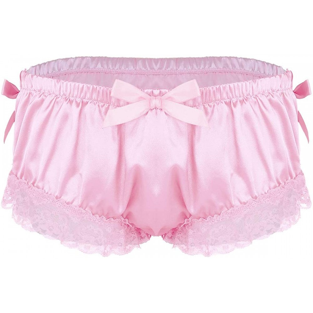 Briefs Men Lingerie Sissy Ruffle Frilly Satin Panties Lace Maid Crossdressing Briefs Underwear - Pink - CK18LMRIASO