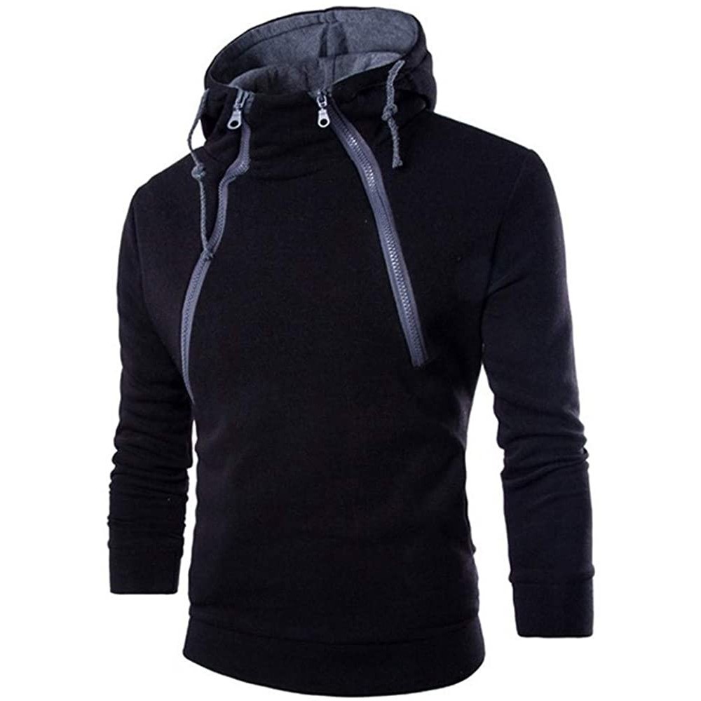 Thermal Underwear Men's Double Zipper Hooded Sportwear Pullover Autumn Winter Warm Lightweight Hoodie Sweatshirt - Black - CW...