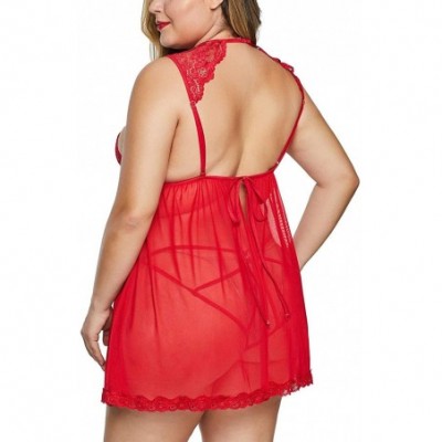 Baby Dolls & Chemises Women Plus Size Lace Strappy Upper Lingerie Open Back Babydoll Chemise - Red - C118AR38R25