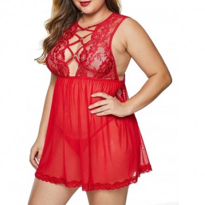 Baby Dolls & Chemises Women Plus Size Lace Strappy Upper Lingerie Open Back Babydoll Chemise - Red - C118AR38R25