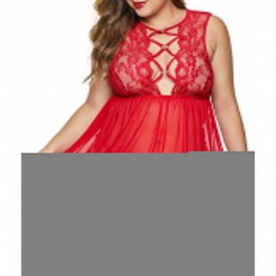 Baby Dolls & Chemises Women Plus Size Lace Strappy Upper Lingerie Open Back Babydoll Chemise - Red - C118AR38R25