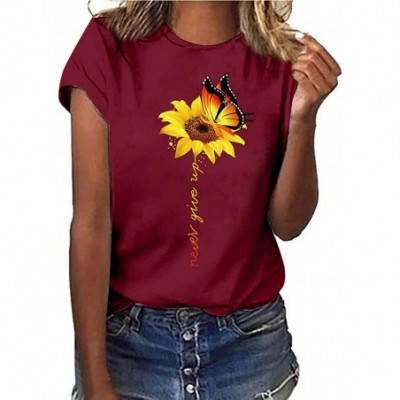 Thermal Underwear Women Plus Size Sunflower Print Short Sleeved T-Shirt Blouse Summer Tops - Sunflower Print Summer Tops Red ...