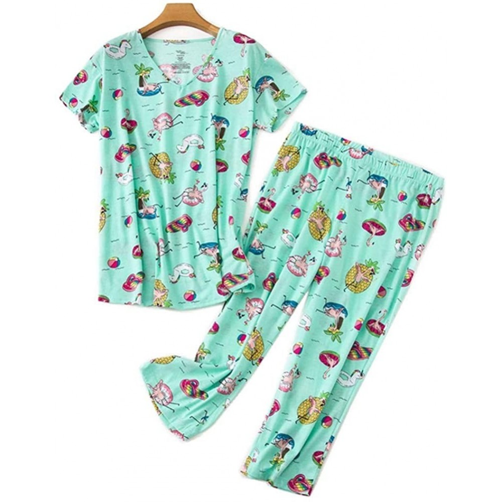 Sets Women's Cute Printed Short Sleeve Tops with Capri Pants Pajama Sets Cotton Soft Loungewear Sleepwear - Green - C818SOHXXD3