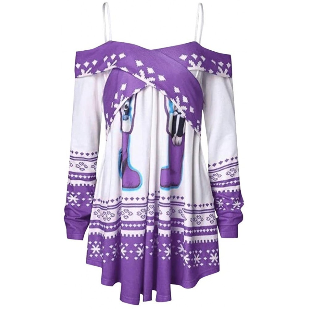 Thermal Underwear Christmas Off Shoulder Print Pullover Women Long Sleeve Casual Blouse Tops - Purple - CI18AADU8Z7