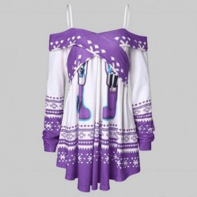 Thermal Underwear Christmas Off Shoulder Print Pullover Women Long Sleeve Casual Blouse Tops - Purple - CI18AADU8Z7