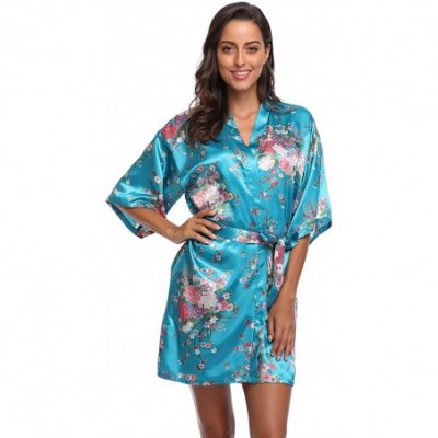 Robes Floral Satin Kimono Robes Short Bridesmaid Robe for Parties Wedding Robes - Turquoise - C518NUEOARN