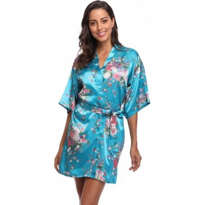 Robes Floral Satin Kimono Robes Short Bridesmaid Robe for Parties Wedding Robes - Turquoise - C518NUEOARN