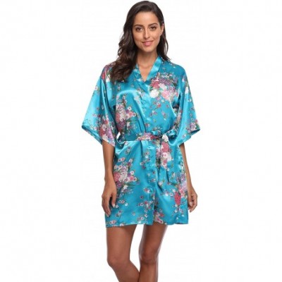 Robes Floral Satin Kimono Robes Short Bridesmaid Robe for Parties Wedding Robes - Turquoise - C518NUEOARN