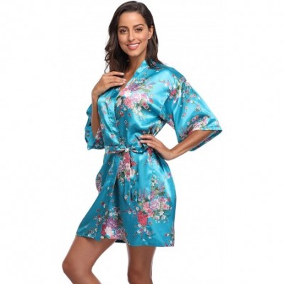 Robes Floral Satin Kimono Robes Short Bridesmaid Robe for Parties Wedding Robes - Turquoise - C518NUEOARN