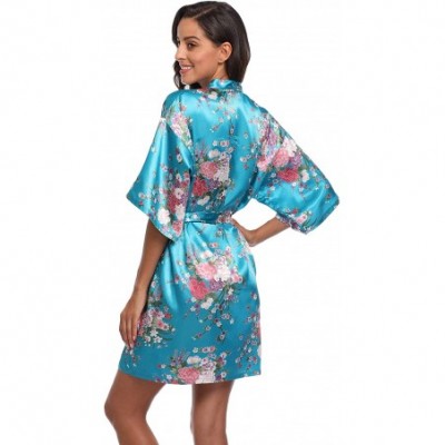 Robes Floral Satin Kimono Robes Short Bridesmaid Robe for Parties Wedding Robes - Turquoise - C518NUEOARN