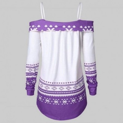 Thermal Underwear Christmas Off Shoulder Print Pullover Women Long Sleeve Casual Blouse Tops - Purple - CI18AADU8Z7