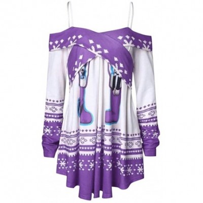 Thermal Underwear Christmas Off Shoulder Print Pullover Women Long Sleeve Casual Blouse Tops - Purple - CI18AADU8Z7