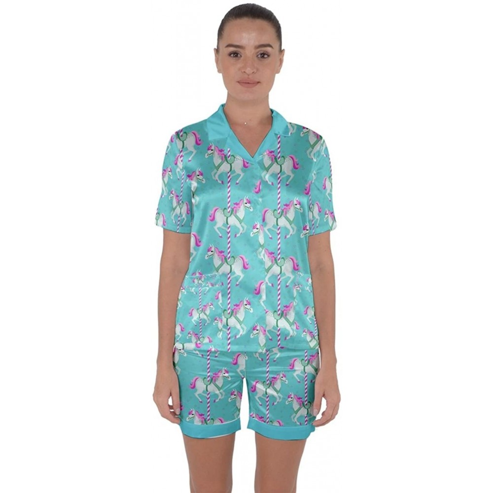 Sets Womens Carousel Horses Merry Go Round Satin Short Sleeve Pyjamas Set - Mint - CR186K9WS23