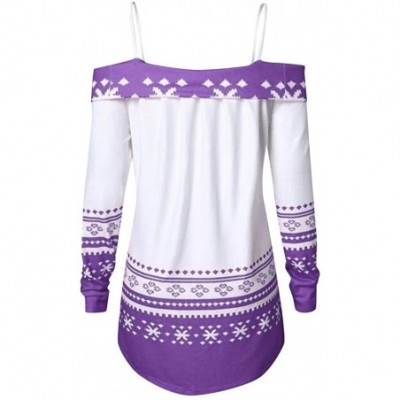 Thermal Underwear Christmas Off Shoulder Print Pullover Women Long Sleeve Casual Blouse Tops - Purple - CI18AADU8Z7