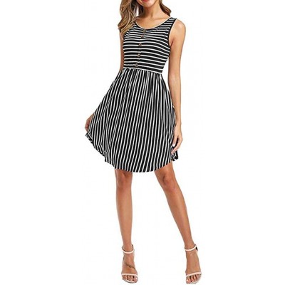 Baby Dolls & Chemises Stripe Dresses for Women Casual Summer Party Dress with Pockets Ladies Loose Swing Dress Sleeveless Bea...