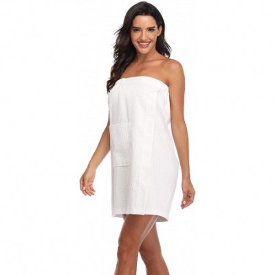 Robes Women's Waffle Shower Wrap Towel Spa Bath Cover Up with Pocket - White - CI193W6H9YY