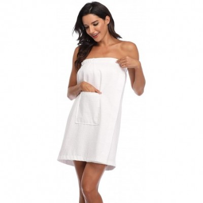 Robes Women's Waffle Shower Wrap Towel Spa Bath Cover Up with Pocket - White - CI193W6H9YY